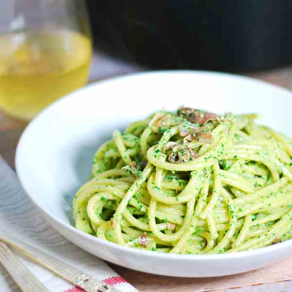 Creamy Kale Pesto Bucatini with Prosciutto