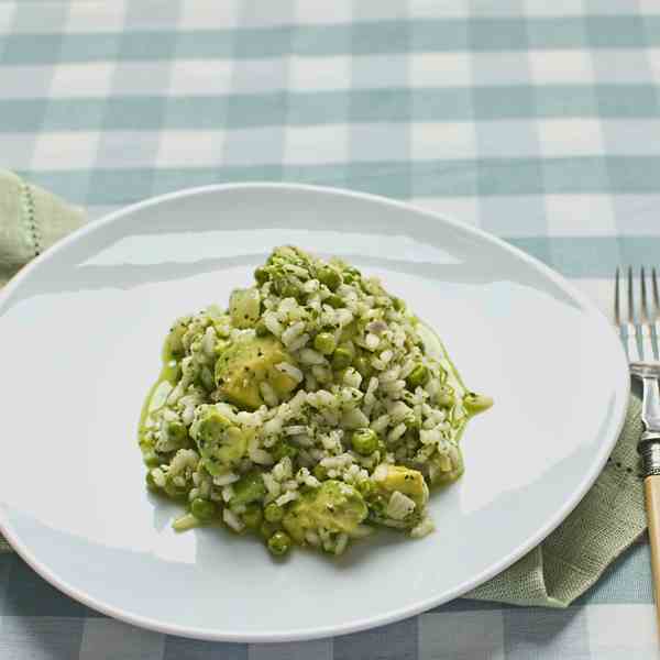 smoked avocado and pea risotto