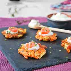 Sweet potatoes pancakes with smoked salmon