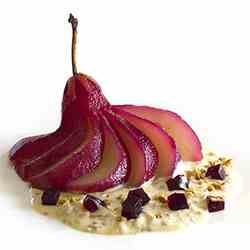 Red Wine Poached Pears with Almond Cream