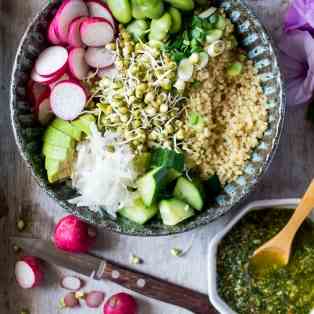 Superfood buddha bowl with mint pesto