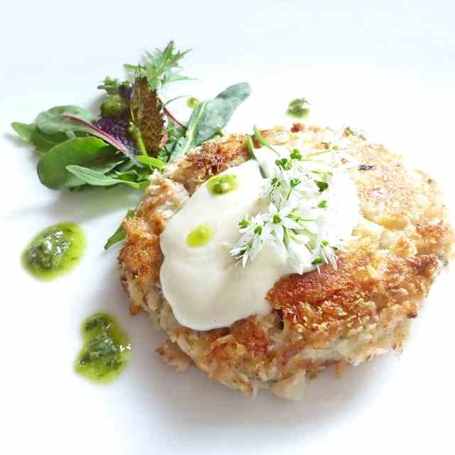 Panko Crusted Salmon & Wild Garlic Cake