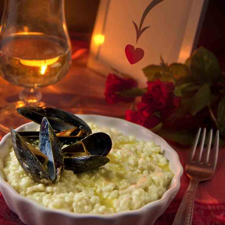 Kaffir-lime risotto with saffron mussels 