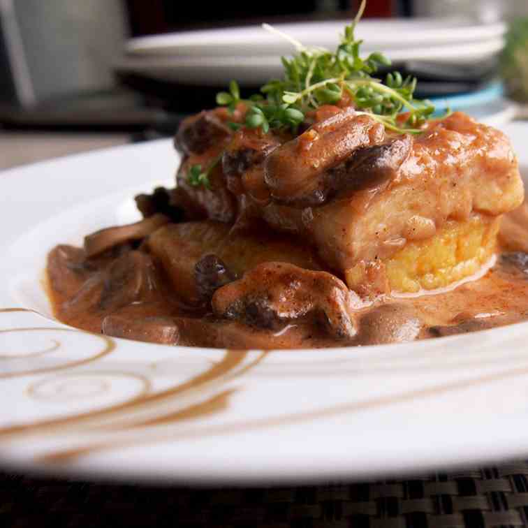 Baked halibut with red wine sauce