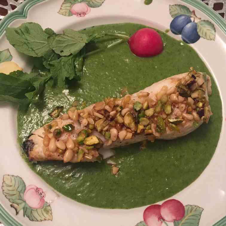 Pistachio-Pine Nut Halibut w- Vichyssoise