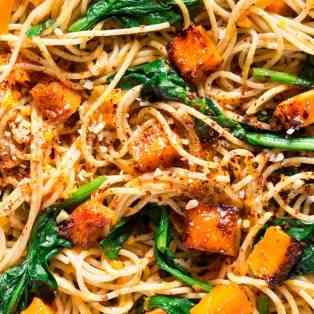 Pumpkin, spinach and walnut spaghetti