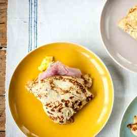 Ham and eggs with potato pancakes