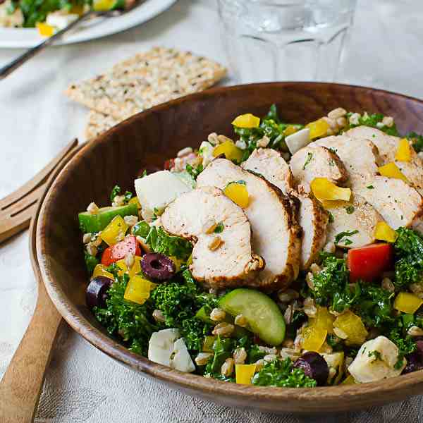 Chicken Kale Farro Salad with Honey Balsam