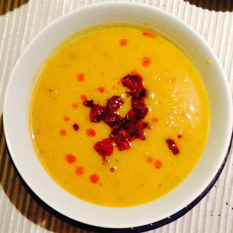 Butternut Squash Soup Topped With Chorizo