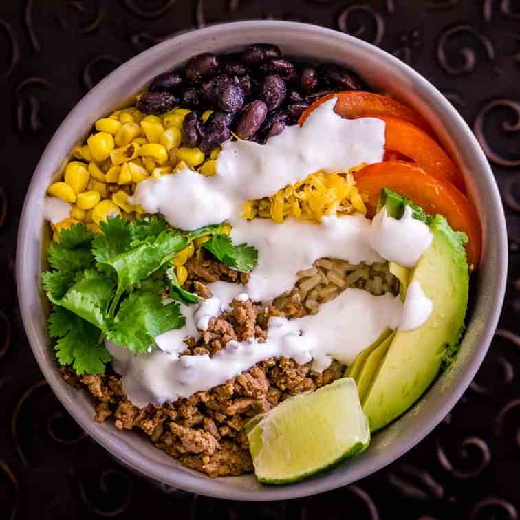 Brown Rice Taco Bowls with Lime Crema