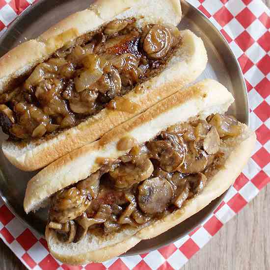 Beer Brats with Mushrooms - Onions