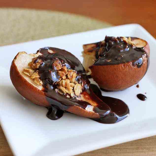 Streusel-Stuffed Baked Pears with Hot Fudge