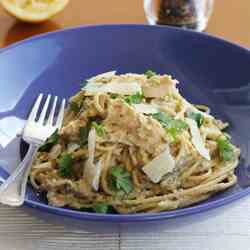 Aubergine & walnut pesto spaghetti
