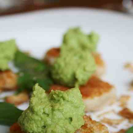 Prwn Cakes with Green curried pea puree