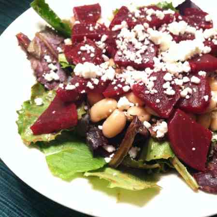 red beet and bean salad with goat cheese