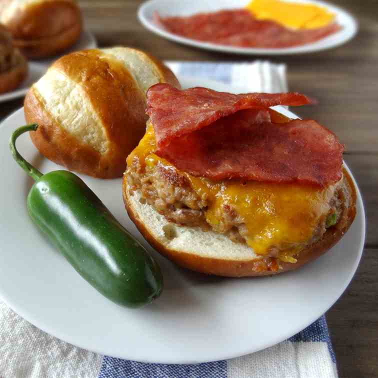 spicy peanut butter bacon cheeseburgers