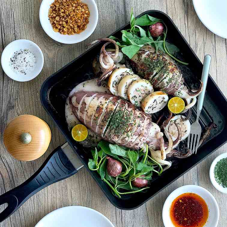 Steam-Grilled Stuffed Squid