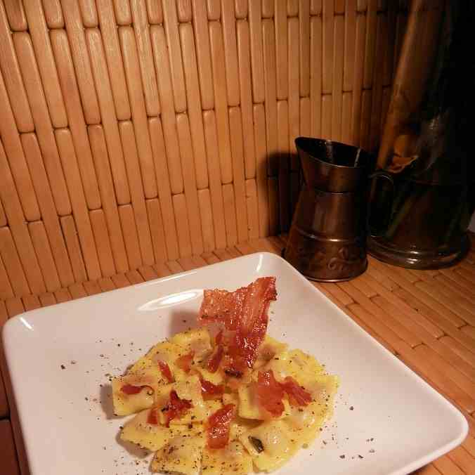 Squash Ravioli with Crispy Prosciutto