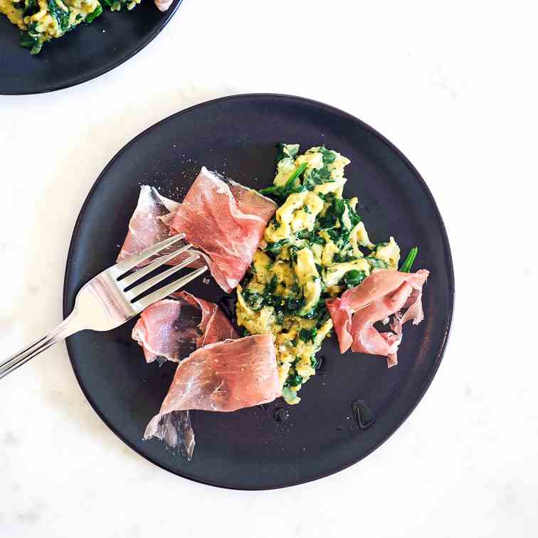 Spinachy Soft Scrambled Eggs w Prosciutto