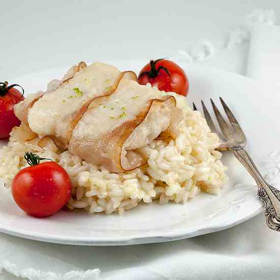 Bacon-wrapped cod with lime risotto