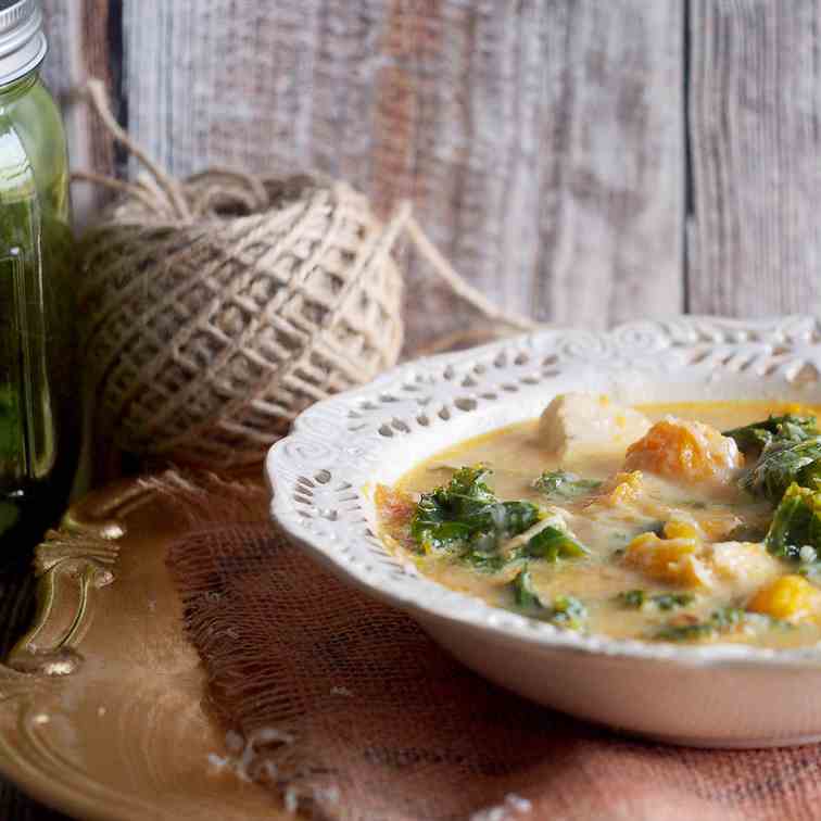 Chicken, pumkin and kale soup