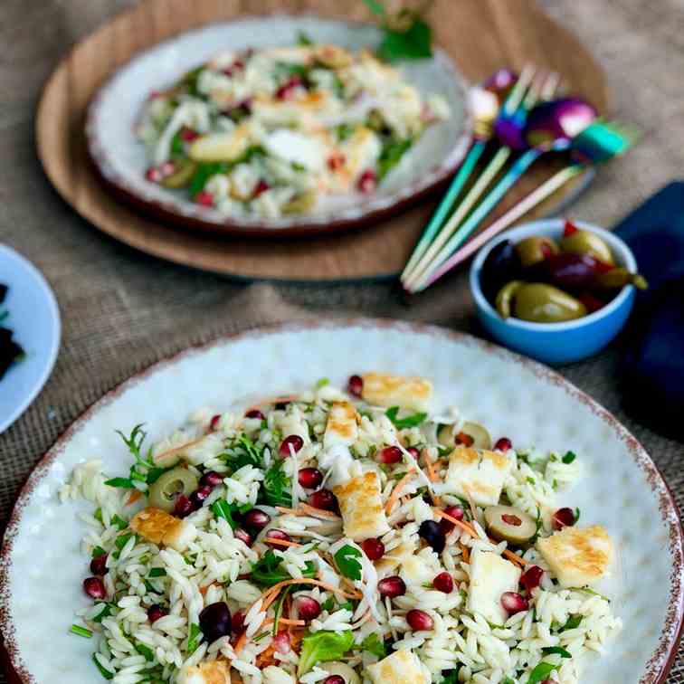 All seasons orzo, halloumi and olive salad