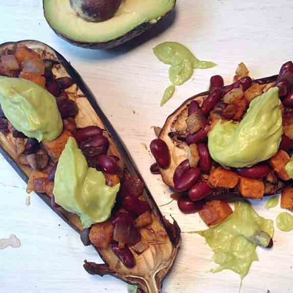 Red beans and sweet potato loaded eggplant