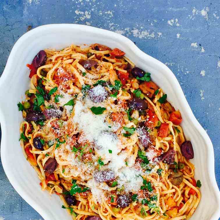 Chunky Beef, vegetables and linguini