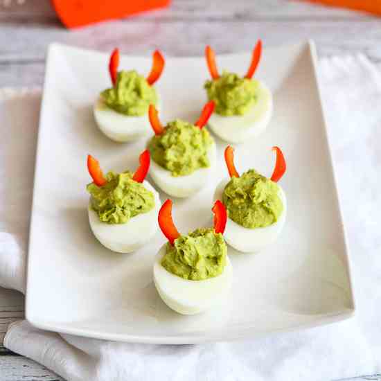 Devilish Avocado Sriracha Deviled Eggs