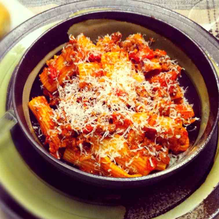 Rigatoni with Hot Italian Sausage and Baco