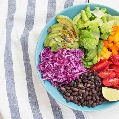 Vegan burrito bowl with 2 dressings