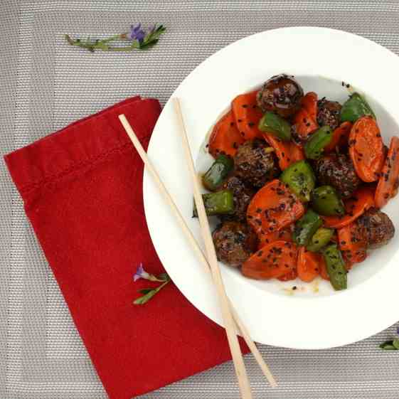 Soy meatballs with stir fried vegetables