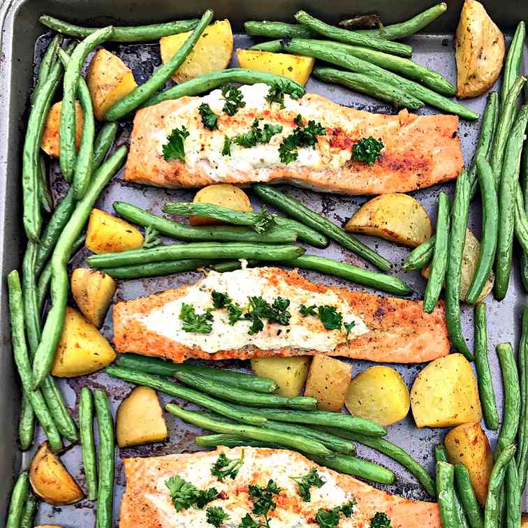 Sheet Pan Goat Cheese Stuffed Salmon