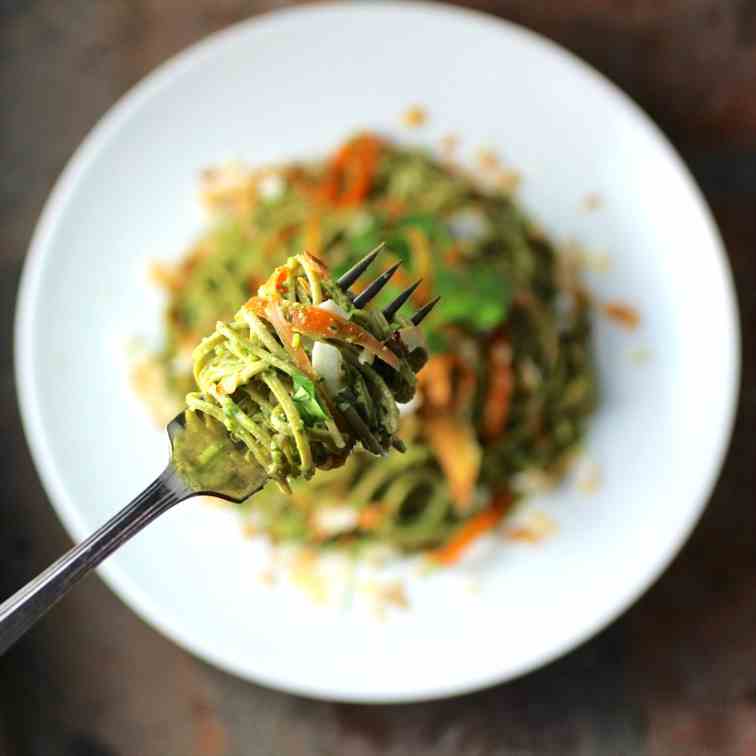 Edamame Spaghetti with Kale Cilantro Pesto