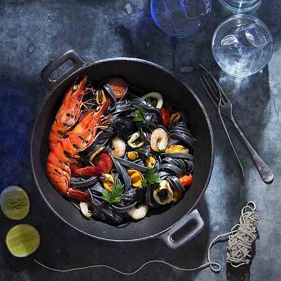 Black linguine with seafood