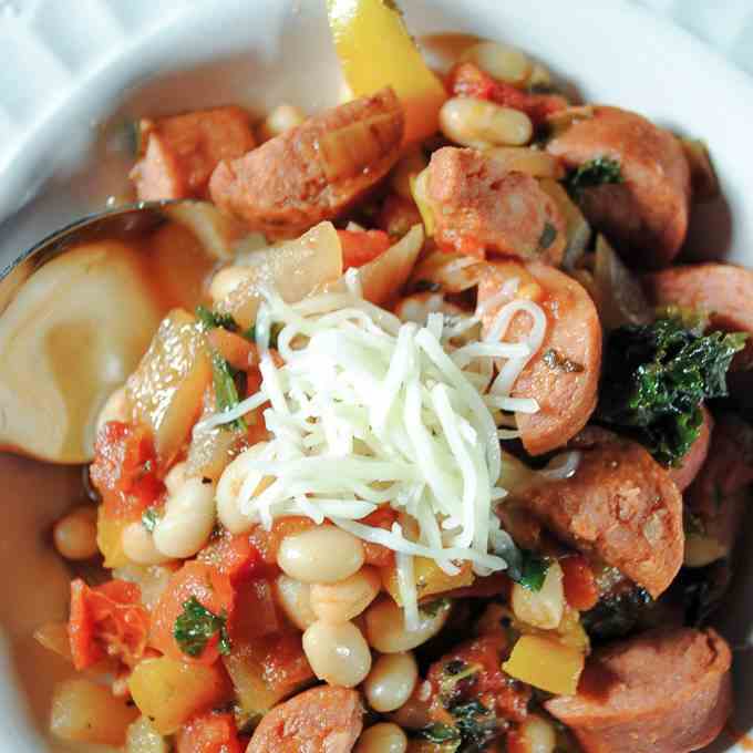 Skillet Turkey Sausage with Peppers, Beans