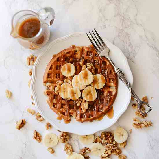 Banana Bread Waffles, Caramel Syrup