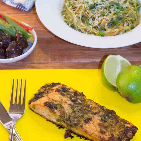 Grilled Salmon with spaghetti Aglio E Olio