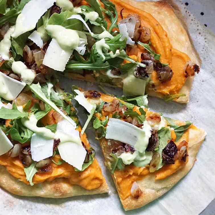 Sweet potato pizza with avocado cream