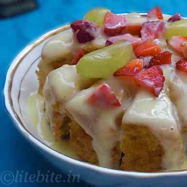 Eggless Vanilla Cake with Fruit Custard