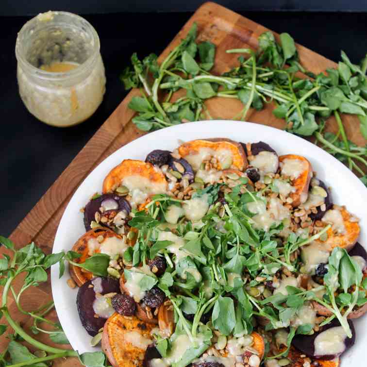 Sweet potato and beet salad with watercres