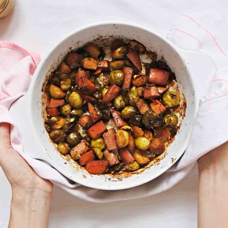 Crispy Brussels Sprouts and Sweet Potatoes