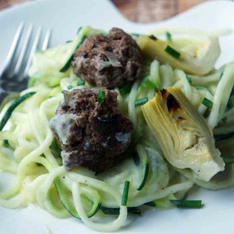 Paleo "Alfredo" with meatballs & artichoke