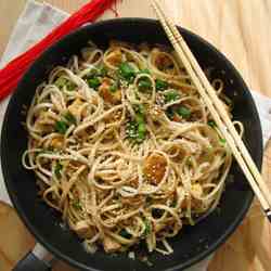 Spicy Udon Noodles with Cabbage and Shiita