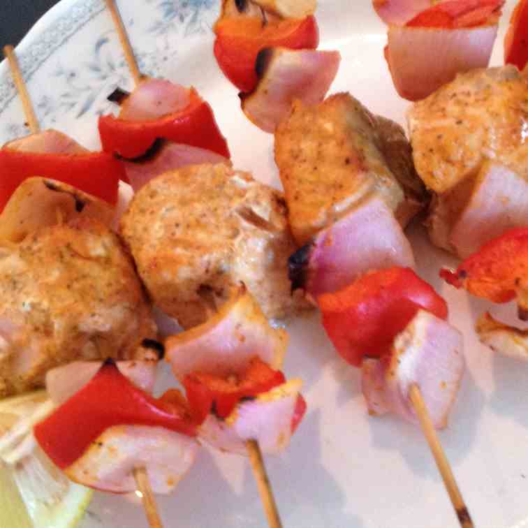 Baked salmon kebabs