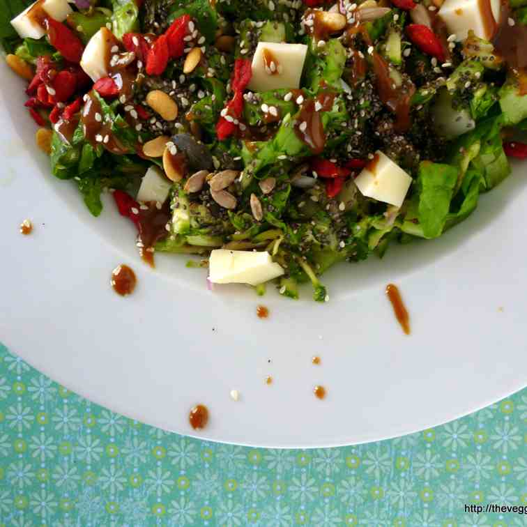 Salad with vegan mozzarella + grape syrup