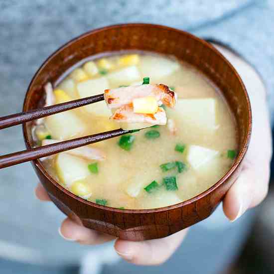 Potato Corn Miso Soup with Bacon