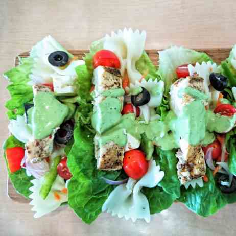 Lettuce wraps with chicken and pasta salad