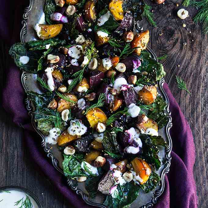 Roasted beets and kale salad with horserad
