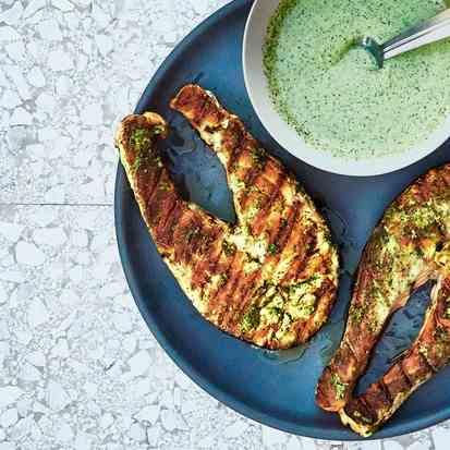 Grilled Salmon Steaks with Cilantro-Garlic